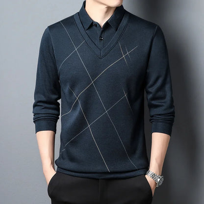 Kieran plaid 2-in-1 sweater in neutral tones, casual cozy fit with quick-dry fabric