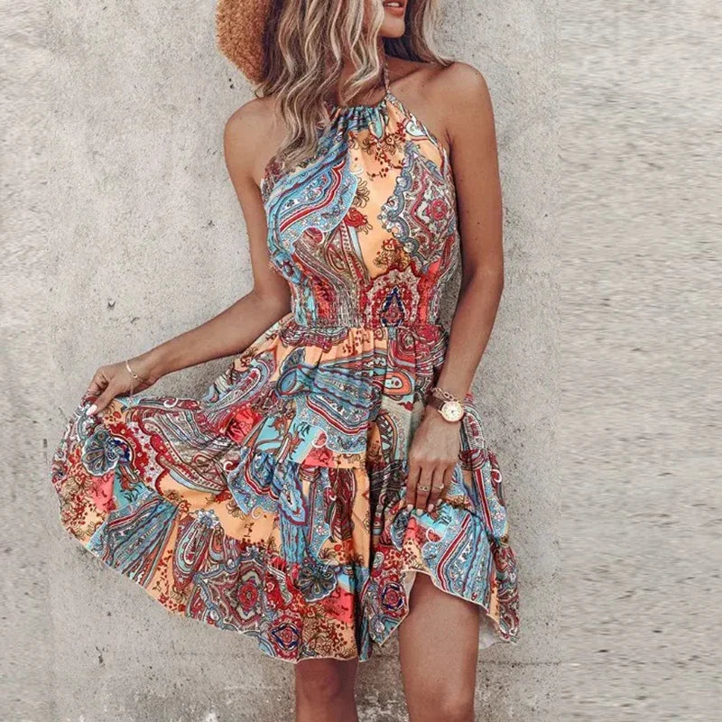 Women's halter lace flowy draped dress with elegant neckline and fluid feminine silhouette