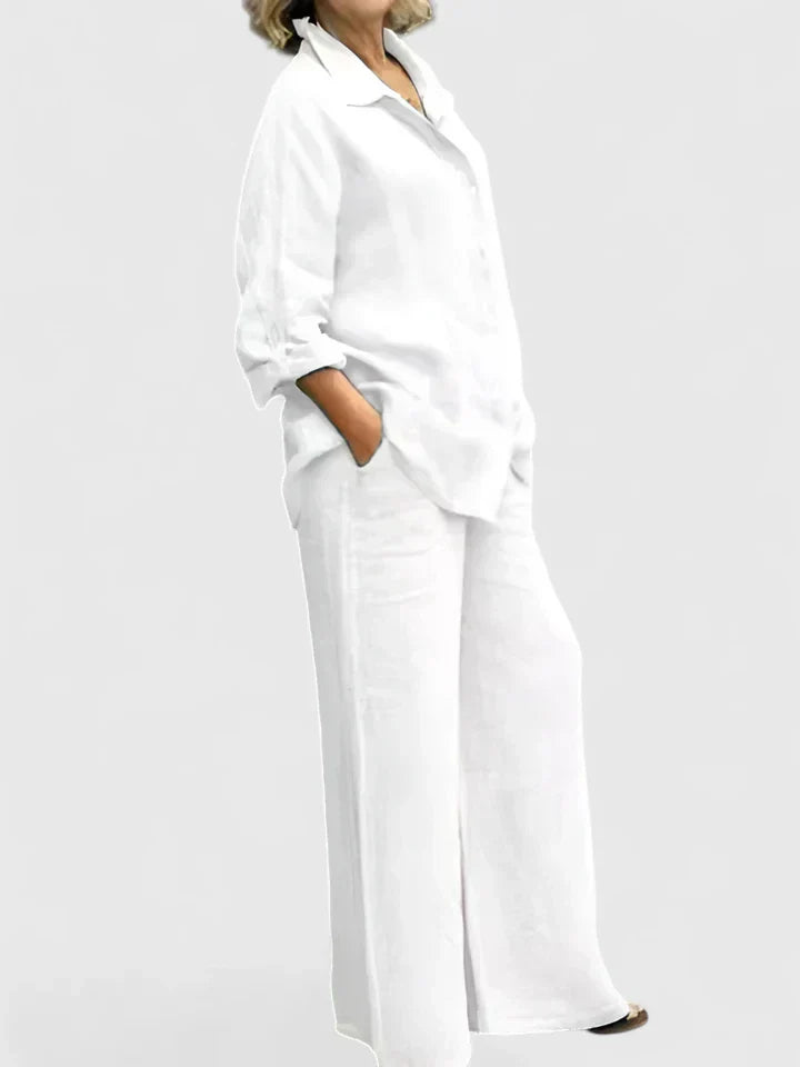 Soft pink linen two-piece set oversized button-down shirt matching wide-leg pants relaxed fit