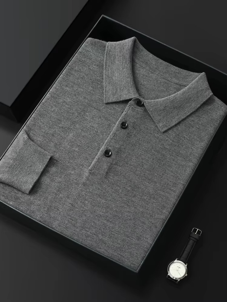 Men's burgundy merino wool polo collar sweater lightweight breathable knit for cold weather warmth