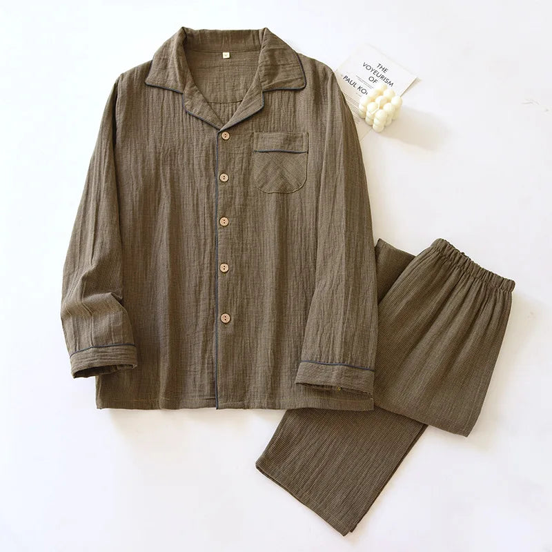 Earthy plaid cotton gauze pajama set, oversized fit, full-sleeve ankle-length 2-piece lounge set