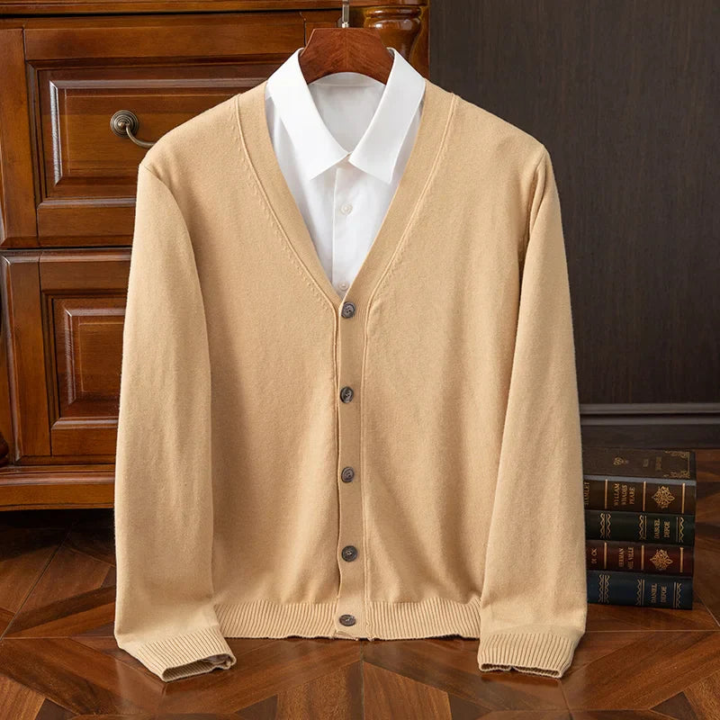 Men's grey cashmere wool blend V-neck cardigan with relaxed fit and refined heritage style