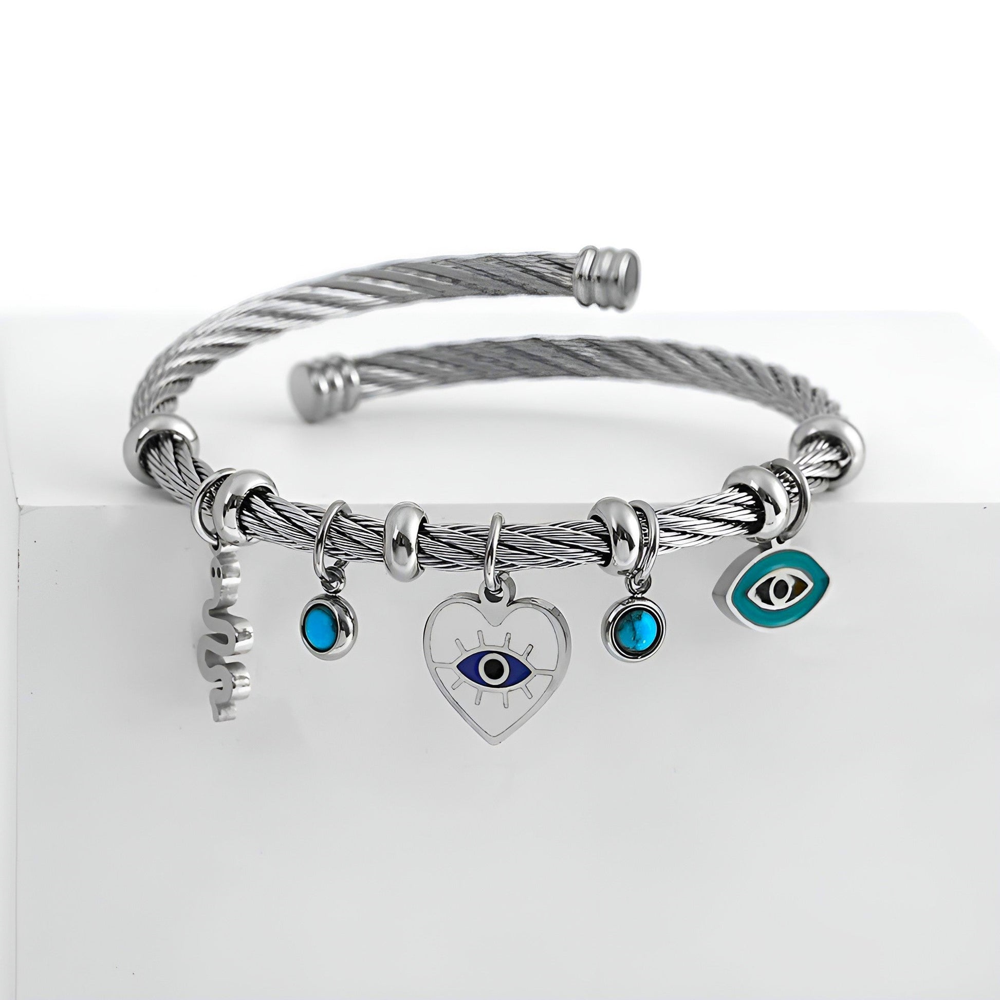 Evil Eye steel cable bracelet with turquoise stone, tarnish-resistant adjustable cuff