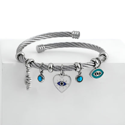 Evil Eye steel cable bracelet with turquoise stone, tarnish-resistant adjustable cuff