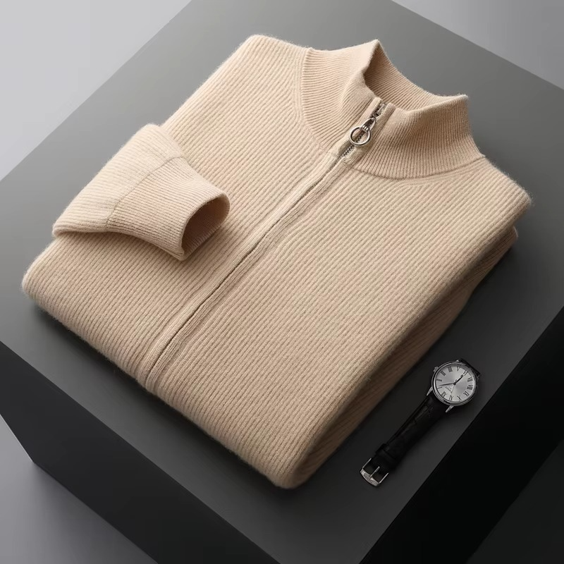Men's charcoal wool zip-up cardigan stand collar thick knit winter sweater jacket