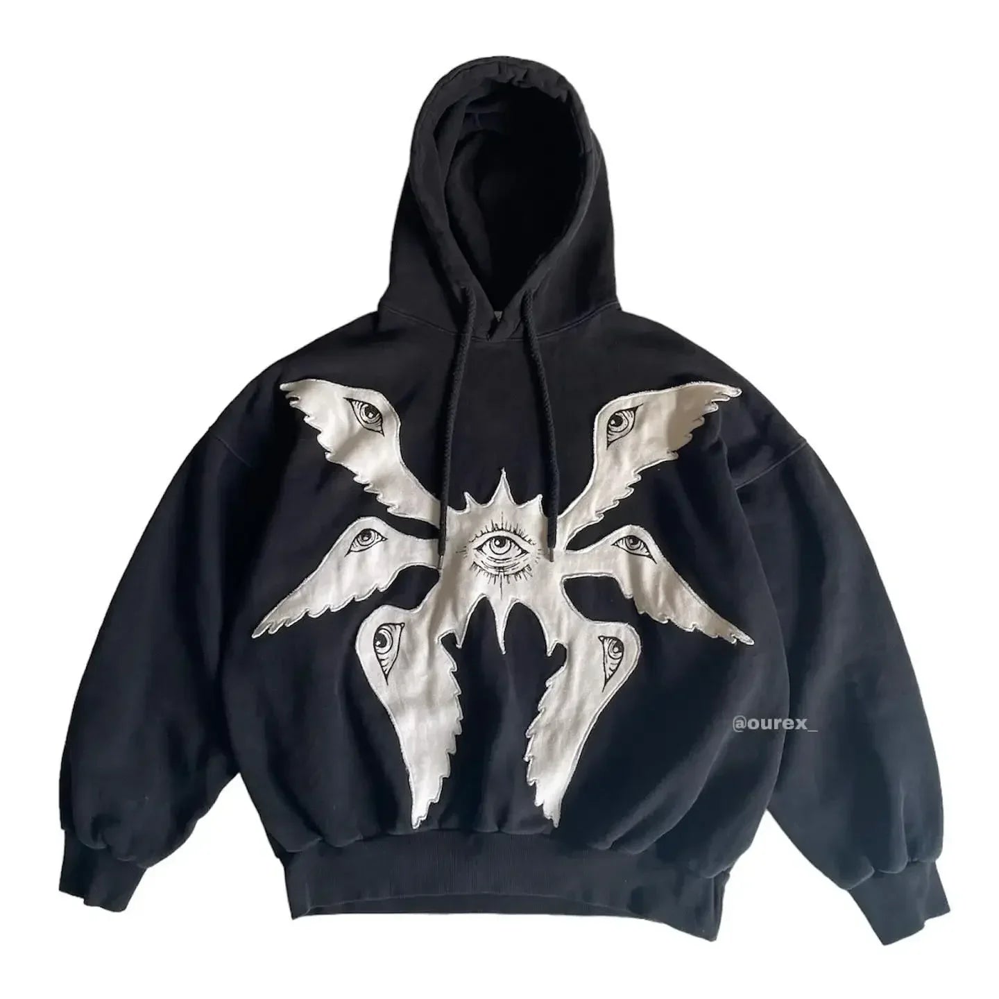Men's oversized cotton blend hoodie with bold Seraphim eye embroidery, fleece interior, street style