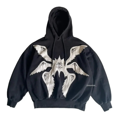 Men's oversized cotton blend hoodie with bold Seraphim eye embroidery, fleece interior, street style