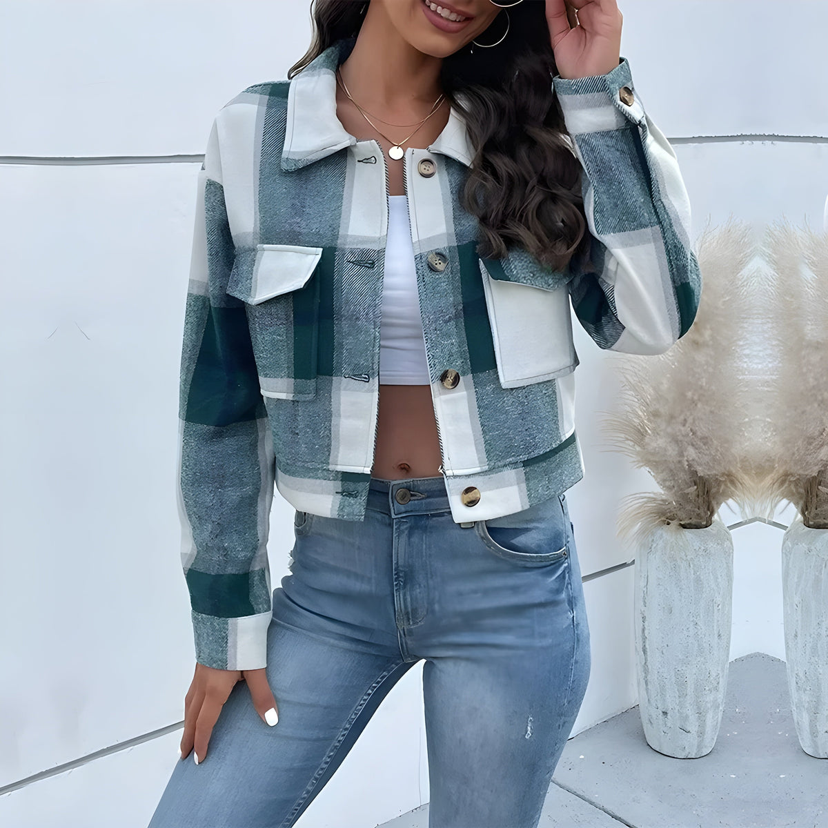 Cropped plaid-wash jacket with faux horn buttons, patch pockets, turn-down collar, relaxed chic fit