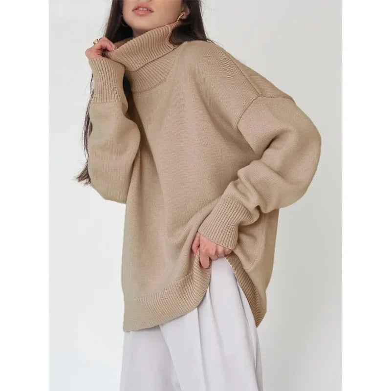 Arya oversized cream turtleneck sweater with ribbed knit details, cozy soft blend for fall winter