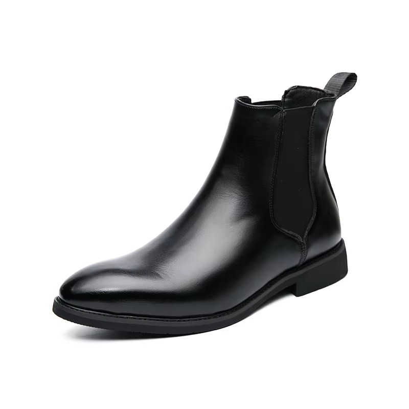 Men's brown PU Chelsea boots classic British ankle silhouette with elastic side panels