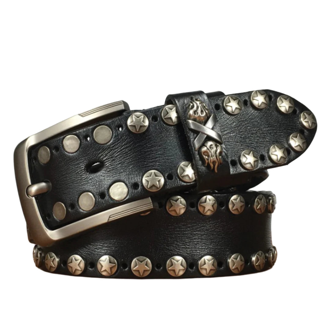 vegan leather cowskin belt with metal studs, pin buckle, edgy punk style in brown