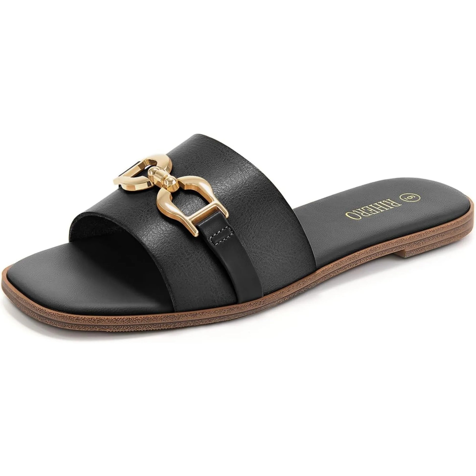 Women's adjustable buckle sandals in neutral tone with elegant gold buckle detail and refined silhouette