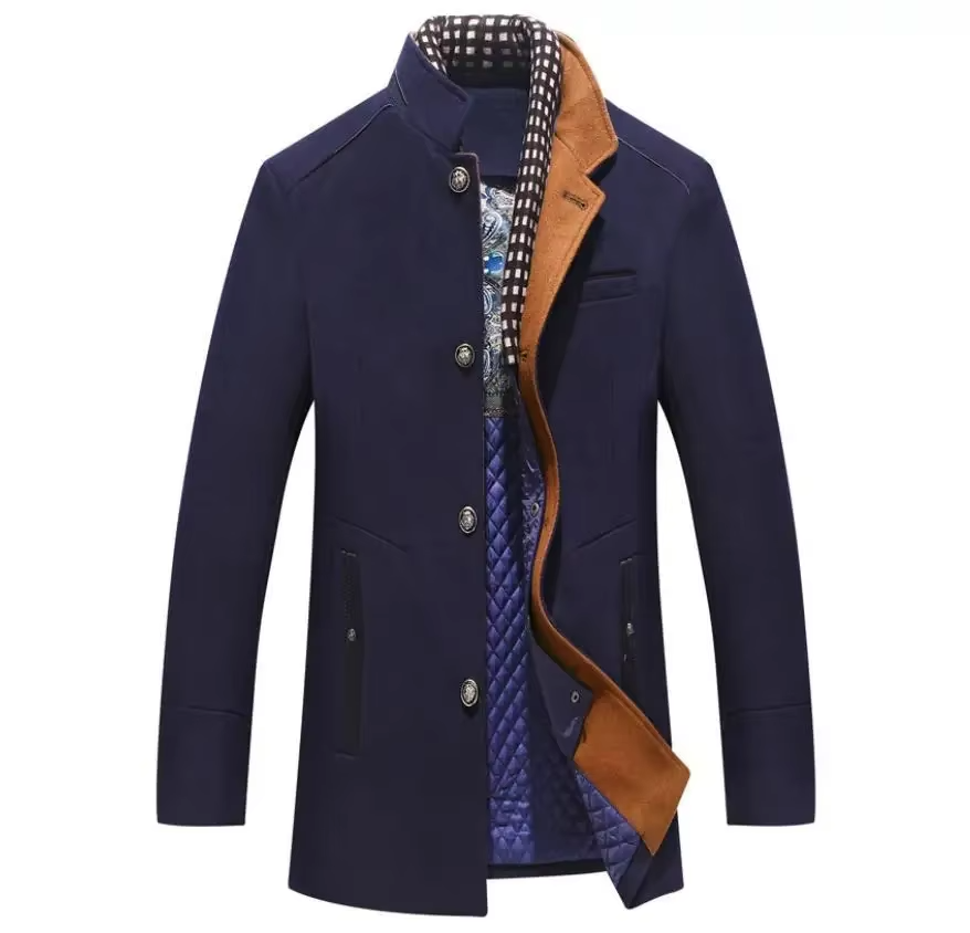 Men's charcoal wool blend overcoat with scarf collar, tailored fall winter silhouette