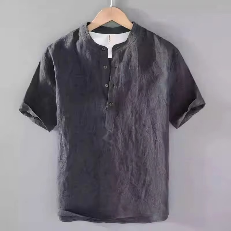 Men's beige cotton linen short sleeve shirt relaxed casual fit breathable lightweight summer beach style