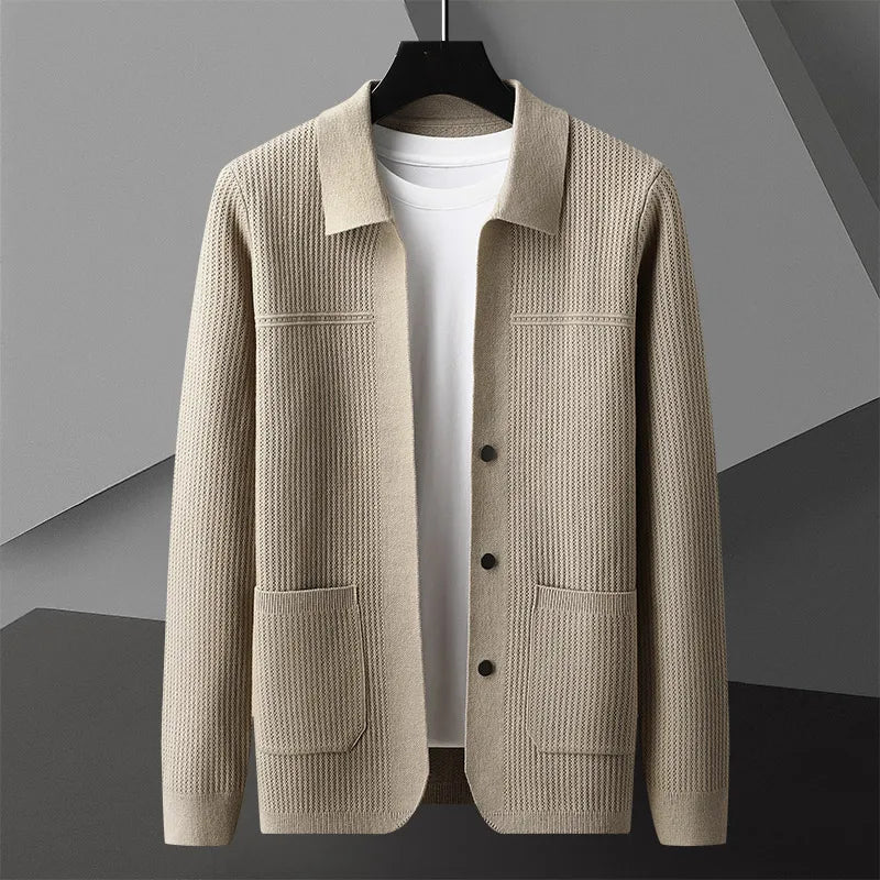 Men's vintage-inspired lightweight knit cardigan with sharp structured lapel and deep front pockets