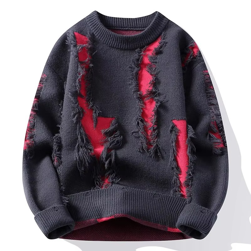 Men's distressed ripped patchwork knit sweater loose fit crew neck pullover in neutral tones