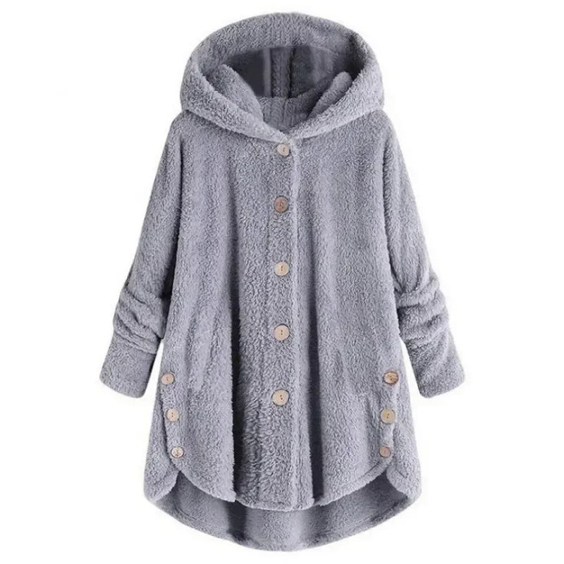 Women's relaxed-fit hooded fleece jacket in plush texture with button front closure and side pockets