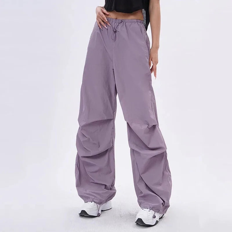 Women's loose fit parachute pants lightweight adjustable waist casual streetwear style