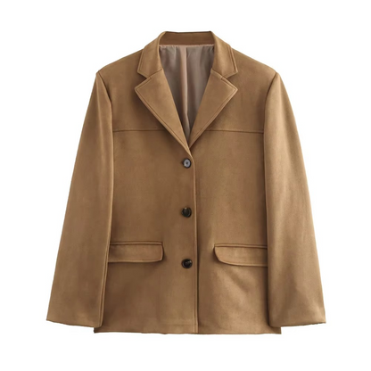 Women's vintage brown suede leather jacket with classic old-money aesthetic and refined autumn style