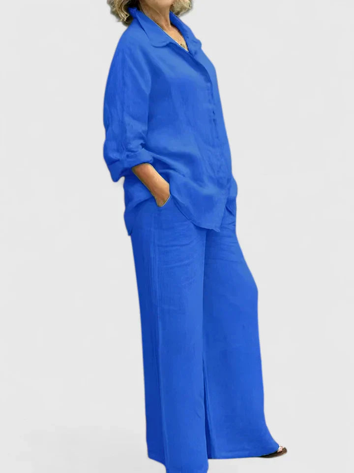 Soft pink linen two-piece set oversized button-down shirt and wide-leg pants relaxed minimal style