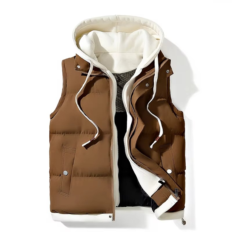 Men's hooded puffer vest lightweight insulated slim-fit cold-weather layer with quilted down-cotton fill