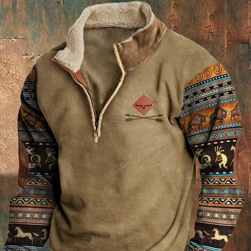 Men's retro 3D printed hooded jacket with leather collar, bold street-style graphics for cold weather