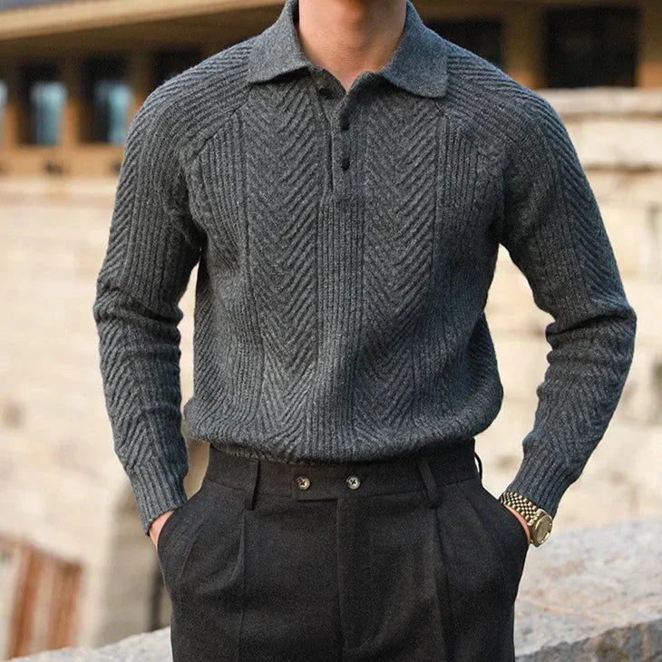 Andreas Vela men's slim fit knitted polo long sleeve neutral tones distinct woven pattern