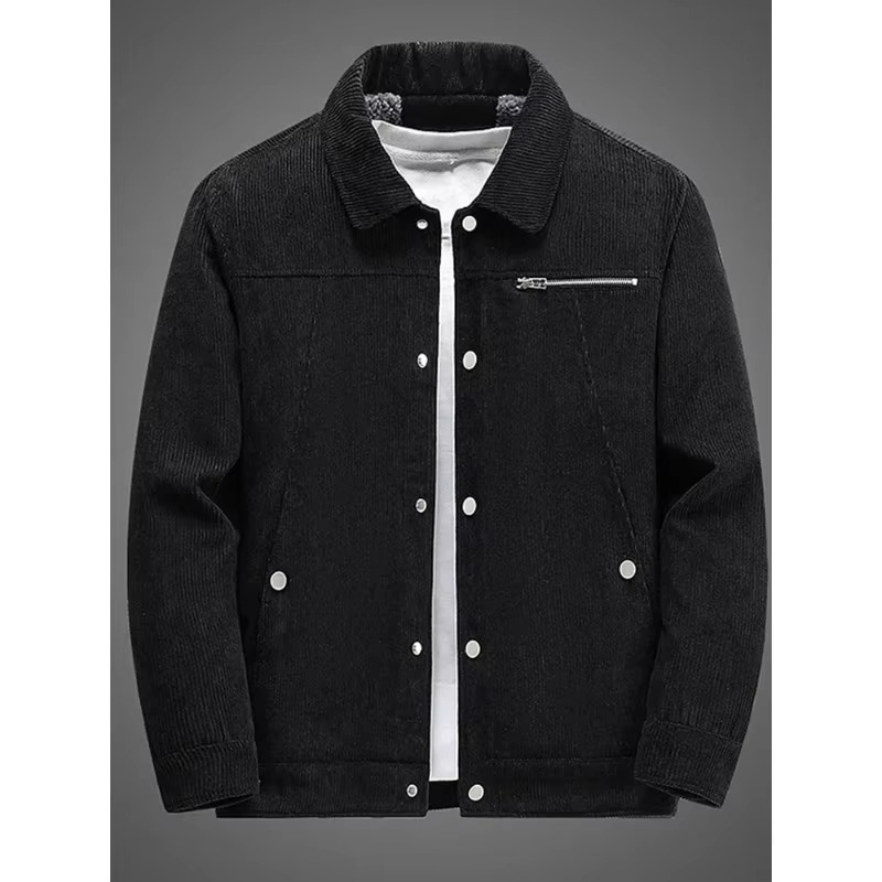 Men's brown corduroy fleece-lined cotton coat classic winter style with textured finish