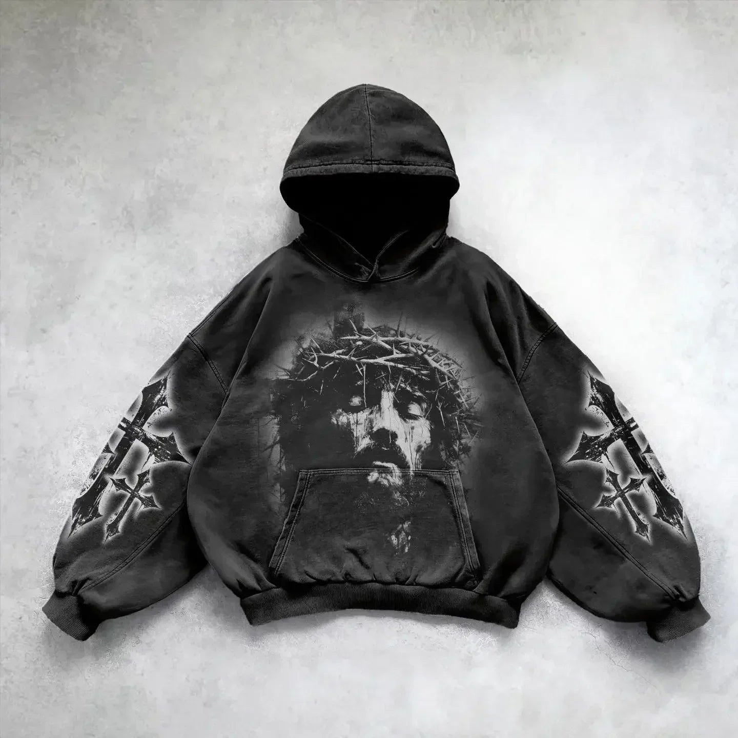 Gravure washed hoodie in faded vintage tones, relaxed fit with bold retro streetwear graphic design