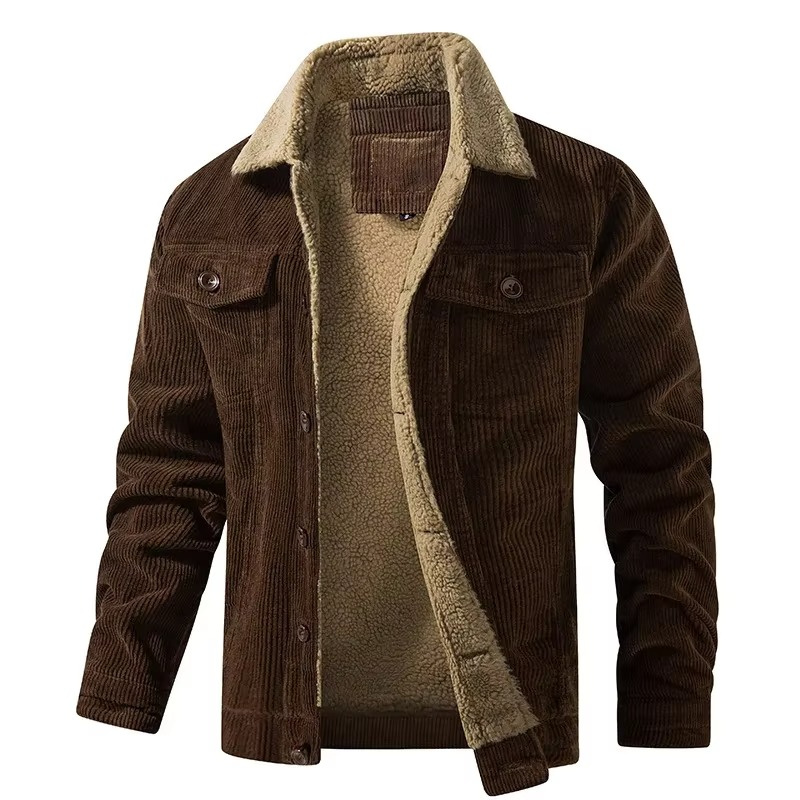 Navy corduroy fleece-lined men's winter jacket with warm utility styling and classic textured shell