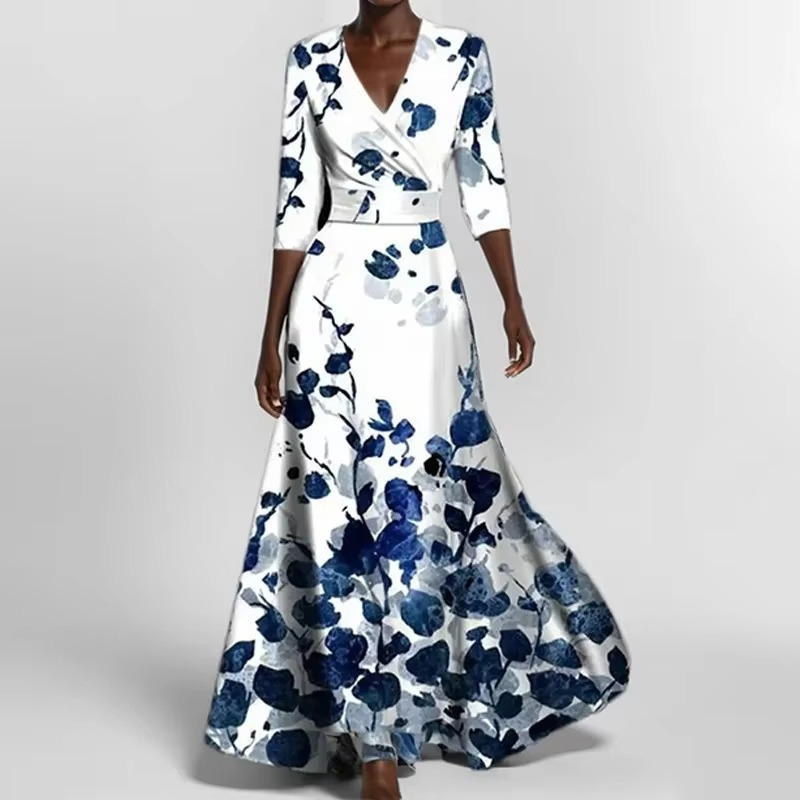Women's ankle-length floral pleated dress, elegant V-neck silhouette with flowing printed fabric