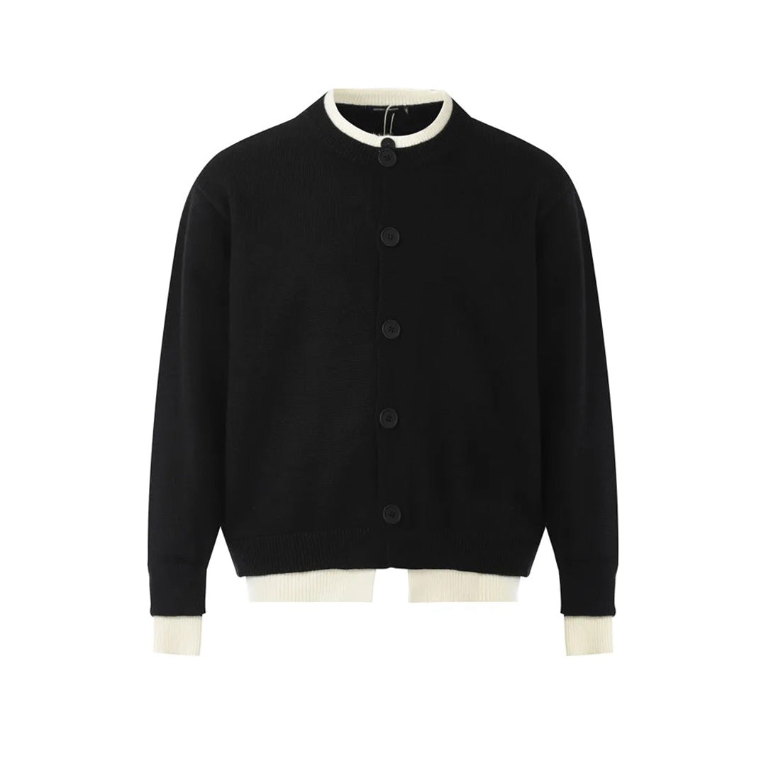 Cream two-piece layered cardigan set crew-neck sweater with relaxed single-breasted cotton-polyester blend