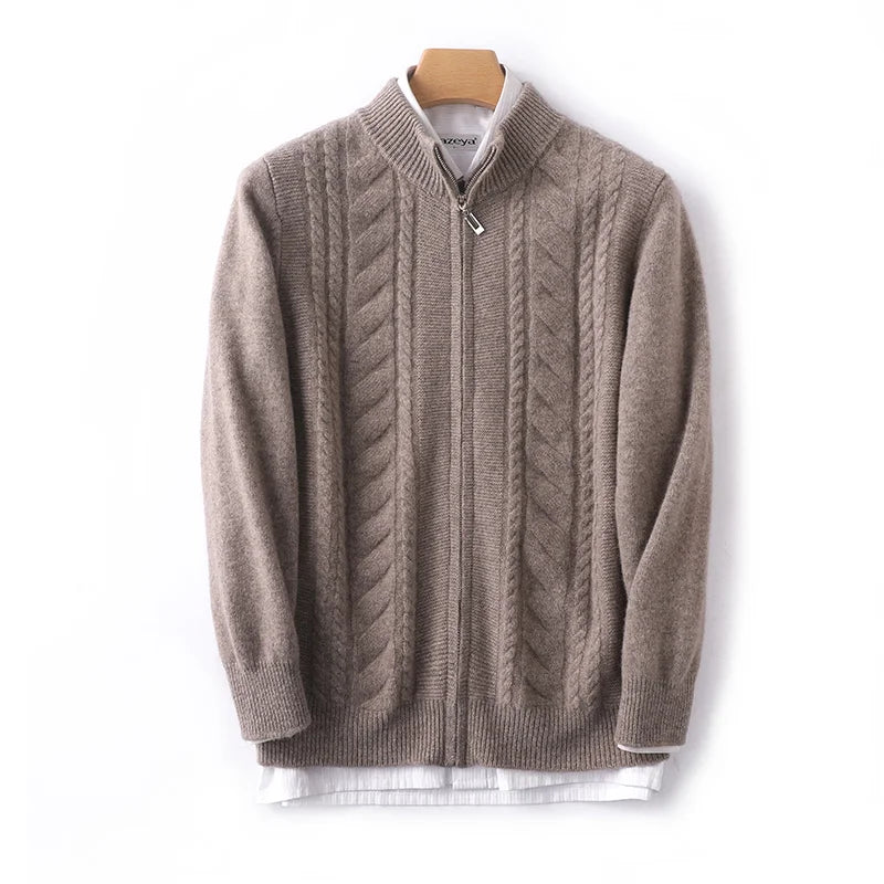 Ivory mock neck zip-up cashmere wool knit sweater with ribbed texture and sleek minimalist silhouette