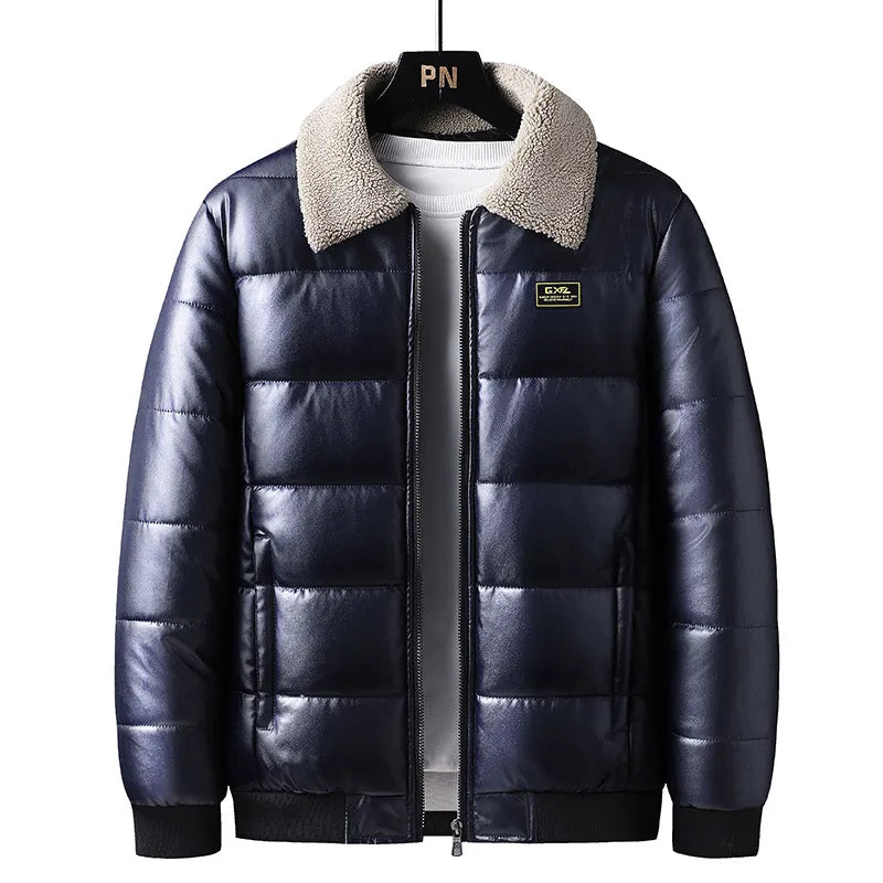 Black cotton-padded winter jacket with premium lamb fur collar and classic structured silhouette