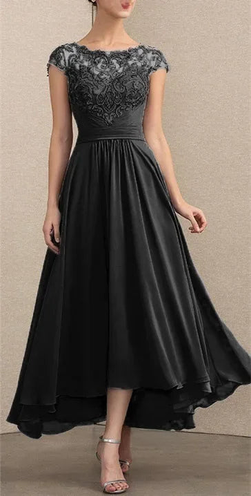 Elegant lace chiffon maxi dress in soft tones with flowing silhouette and delicate lace overlay