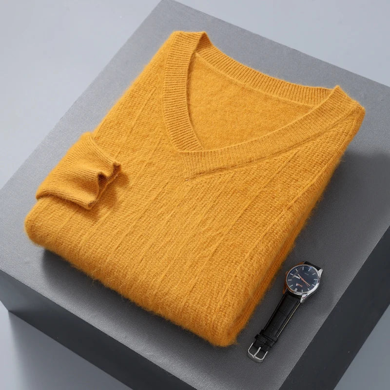 Men's wool blend V-neck pullover sweater loose fit soft knit ribbed hem in neutral tone
