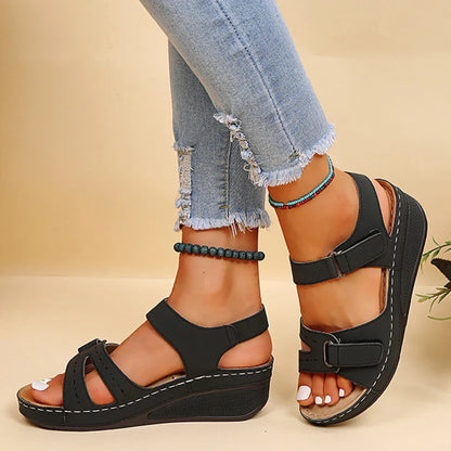 Calina comfort sandals with cushioned wedge, adjustable dual straps, and breathable soft lining