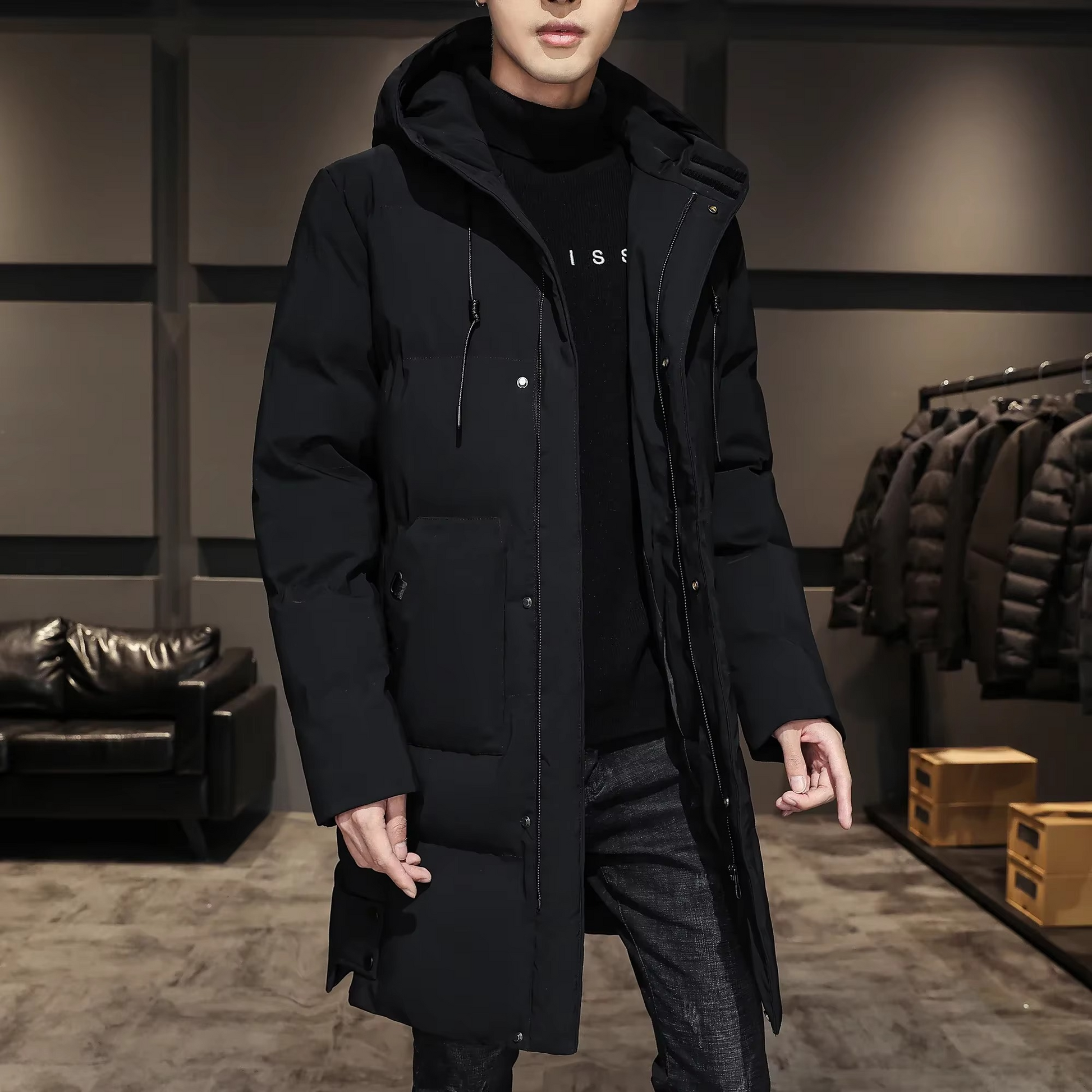Men's lightweight cotton padded parka coat, long silhouette, warm winter essential for modern style