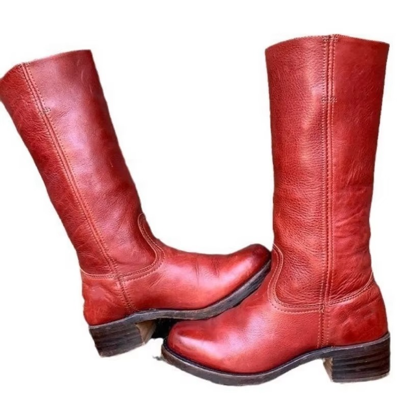 Women's black wide-calf knee-high boots with retro square heel and Western-inspired silhouette