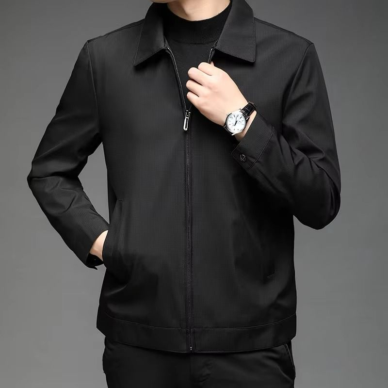 Men's lightweight stand collar jacket in solid tone, slim office-ready cut with clean contemporary silhouette