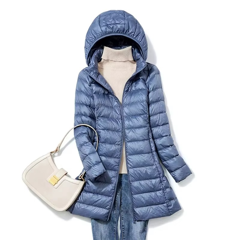 Women's slim fit long hooded down parka lightweight winter coat with cozy warmth
