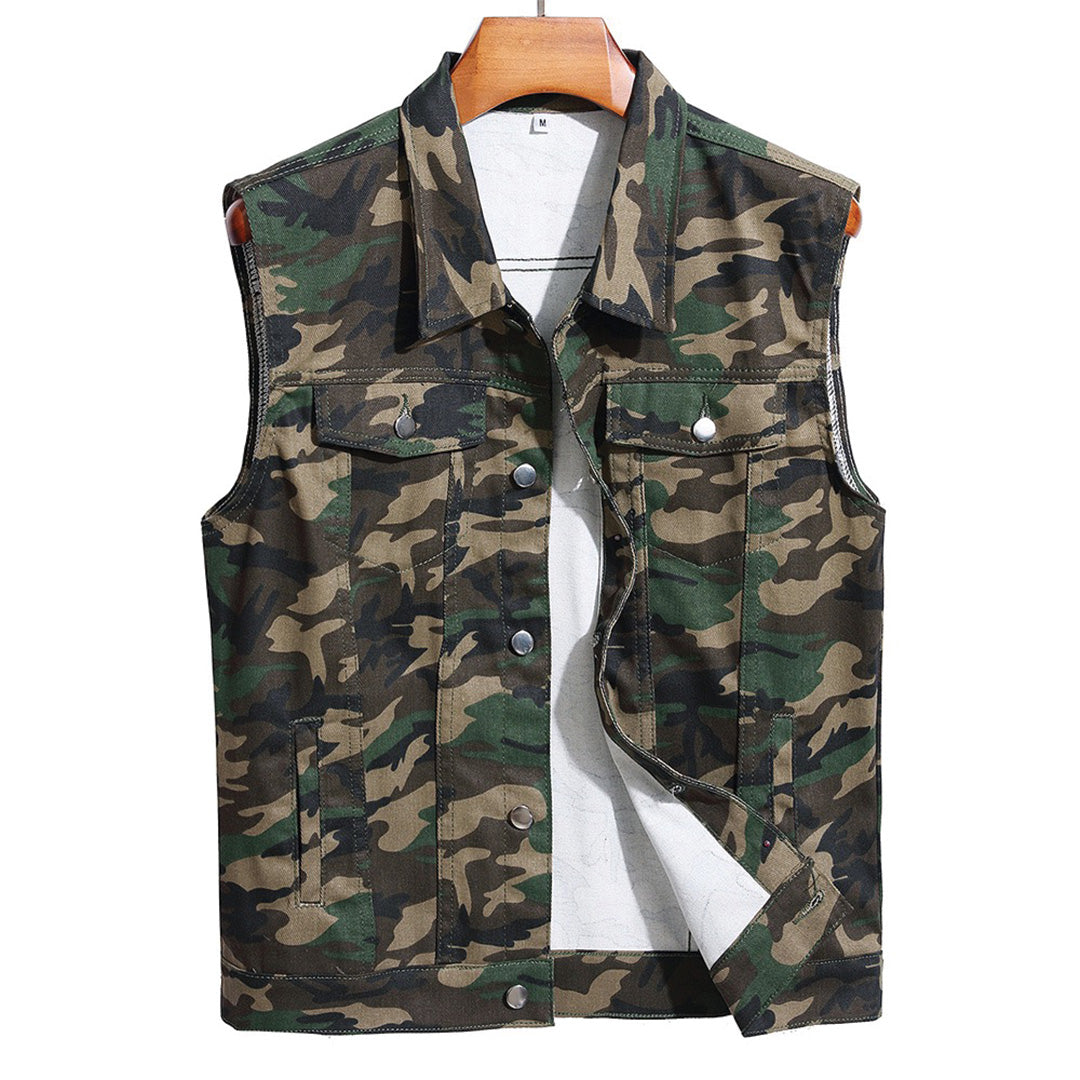Camouflage denim cotton vest regular fit with bold camo pattern and functional snap closure