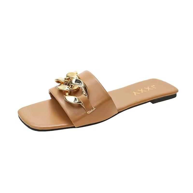 Women's vegan leather slide flats with bold gold chunky chain strap accent, sleek summer style