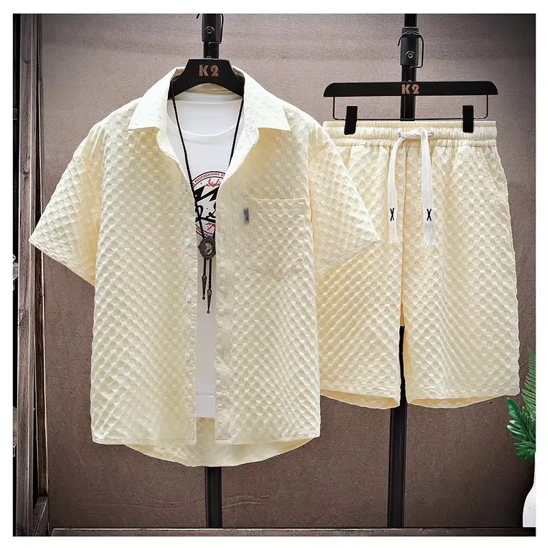 Men's ice silk two-piece sports set lightweight short sleeve tee and matching shorts breathable summer
