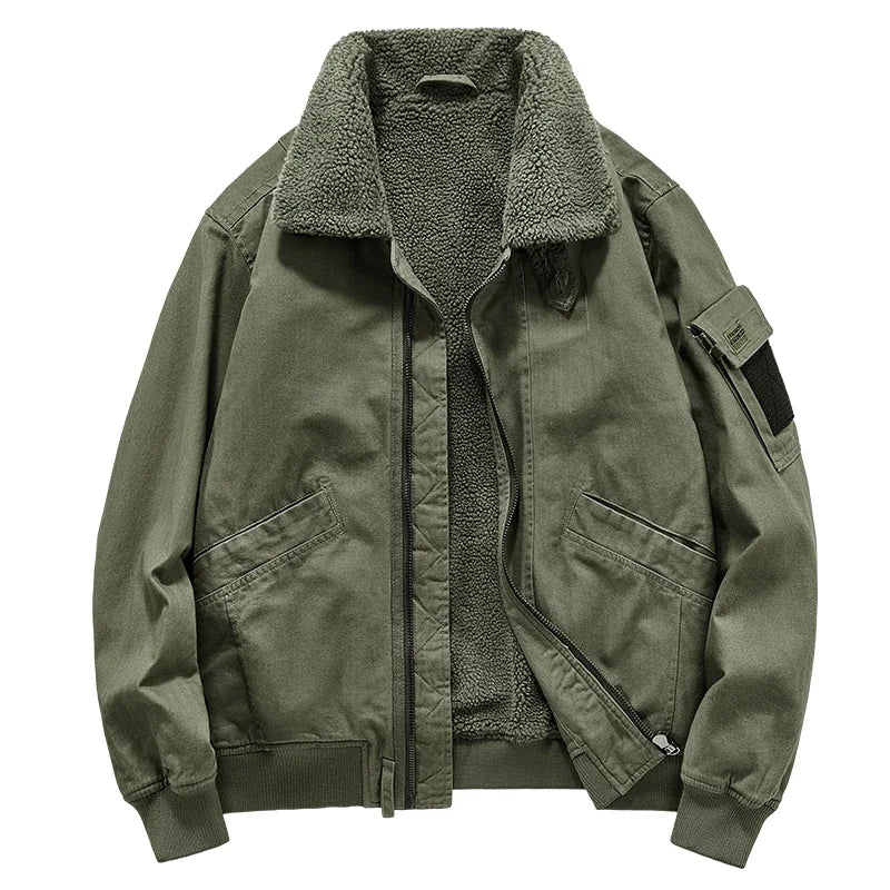 Men's sherpa-lined cotton jacket with high collar, rugged outdoor style, and plush warm lining