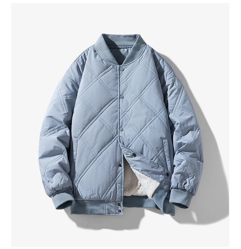 Men's navy quilted cotton padded winter jacket with fleece lining, structured silhouette
