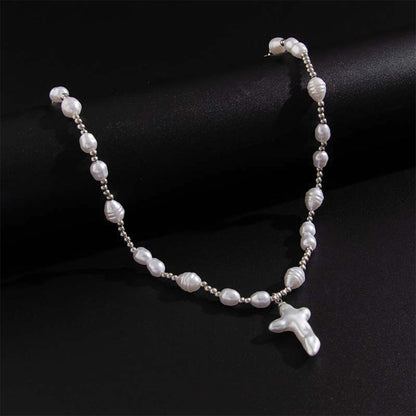 Pearl cross choker necklace with simulated pearls gold silver finish delicate collar statement piece