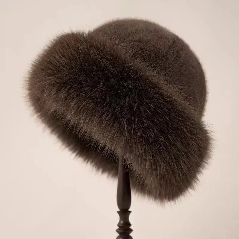 Women's fluffy plush winter hat in cozy neutral tone with glamorous soft texture
