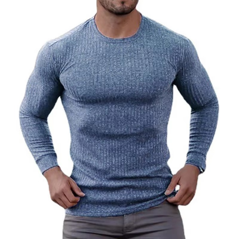 Men's gray quick-dry knit long sleeve fitness shirt with moisture-wicking athletic slim-fit design