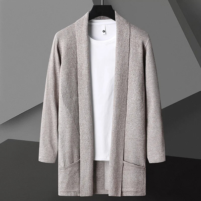 Men's matte cotton linen blend long drape cardigan open front with hidden pockets lightweight layer